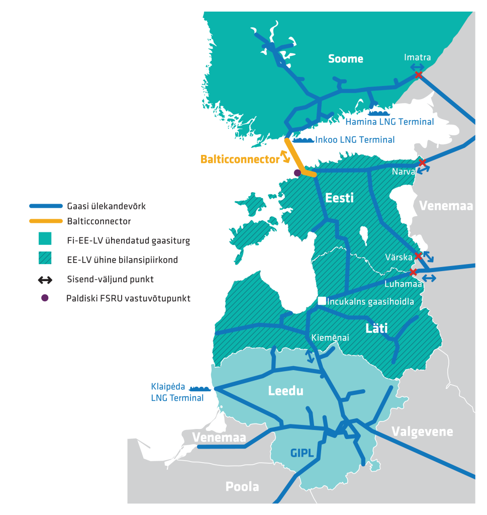 Eesti gaasisüsteemi sisse- ja väljavoolupunktide kaart